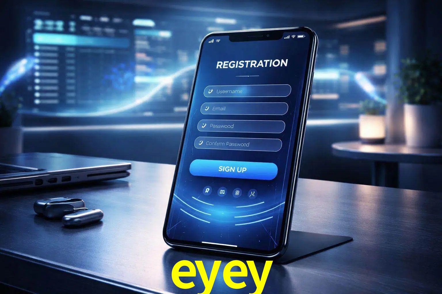 Una interfaz moderna de registro móvil para eyey mostrada en un smartphone con un panel de apuestas elegante.